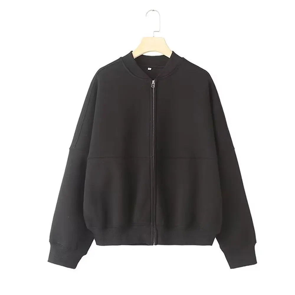 Giacche Bomber Donna Autunno 2 Pezzi Retro Tinta Unita Con Zip Pantaloni A Gamba Larga Con Lacci A Vita Alta Street Wear