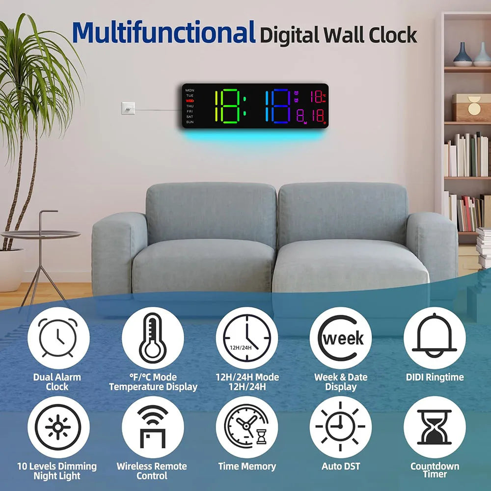 Orologio Da Parete Digitale A Led Con Calendario Telecomandato Luce Notturna Colorata Per Soggiorno Casa Intelligente