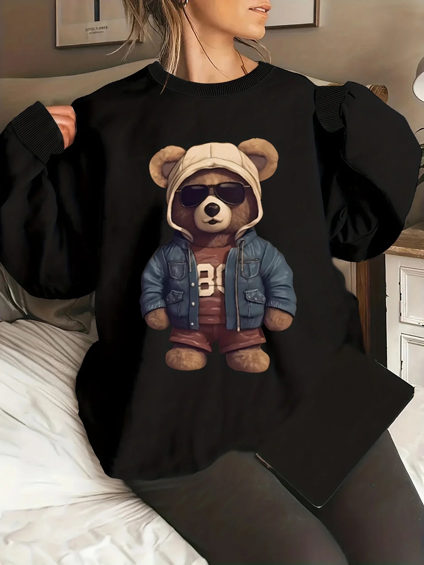 Pullover da Donna Autunno Inverno Casual Ampio con Motivo Gatto Caldo Stampato Girocollo a Maniche Lunghe