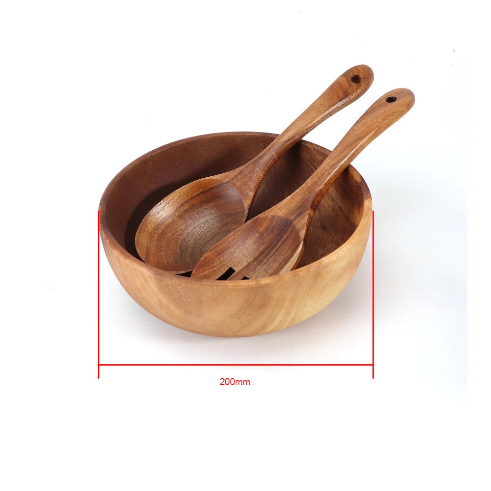 Jaswehome Set Tre Pezzi Ciotole In Legno Di Acacia Naturale Con Cucchiaio E Forchetta Per Servire