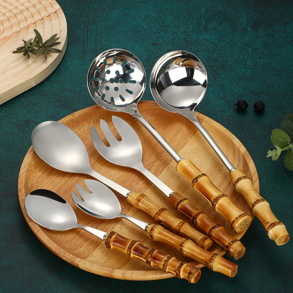 Pala Frittura In Acciaio Inossidabile Con Manico In Bambù Naturale E Cucchiaio Zuppa Giapponese Set Utensili Cucina