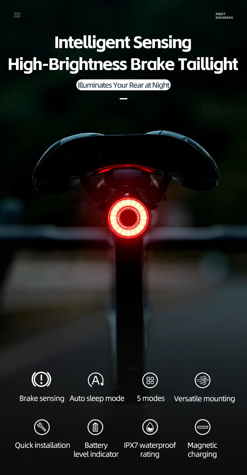 ROCKBROS Fanale Posteriore Per Bicicletta Intelligente Ricaricabile Tipo C Impermeabile IPX7 Per Guida Notturna