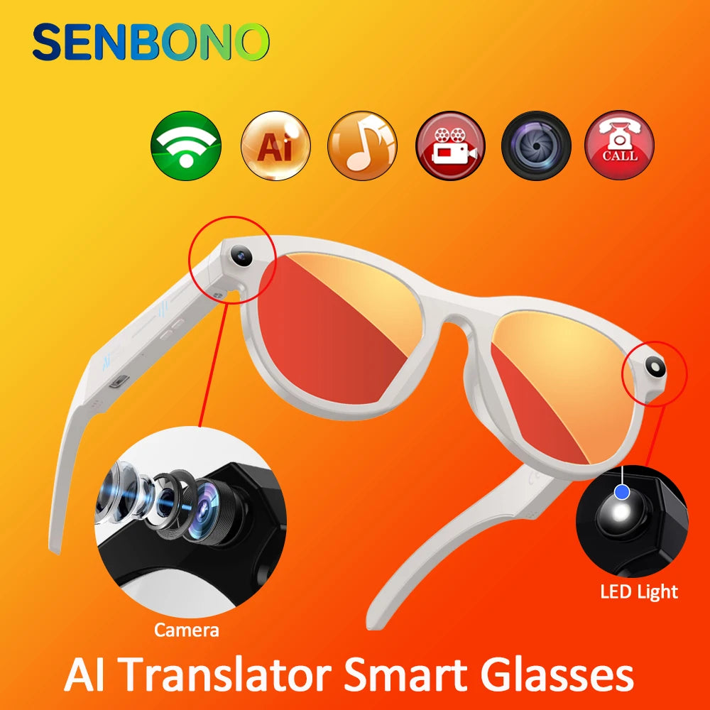 Senbono AI Occhiali Intelligenti Con Fotocamera Per Foto Video Chiamate Musica Sport Bluetooth Traduttore Per Uomo Donna