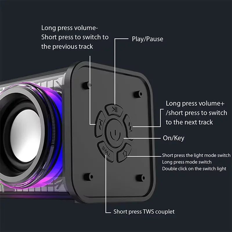 V8 Trasparente Altoparlante Bluetooth 5.0 Wireless Doppio Bassi Diaframma Subwoofer RGB Luce Mini Altoparlante per Festa