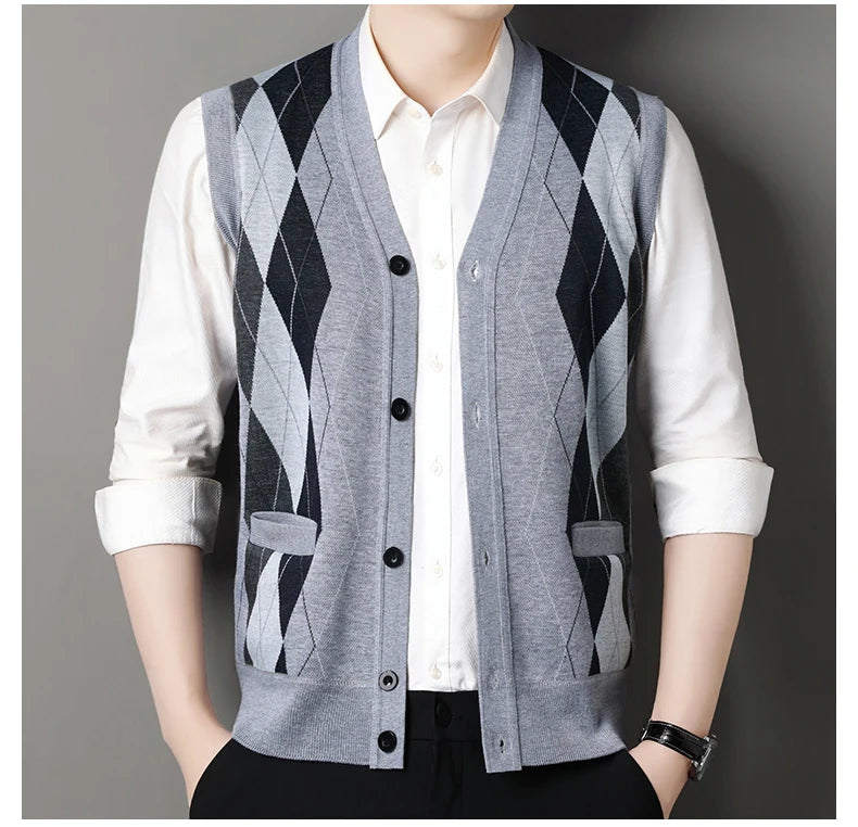 Gilet Maglione Da Uomo Con Scollo A V Senza Maniche Lavorato A Maglia Tinta Unita Con Motivo A Rombi
