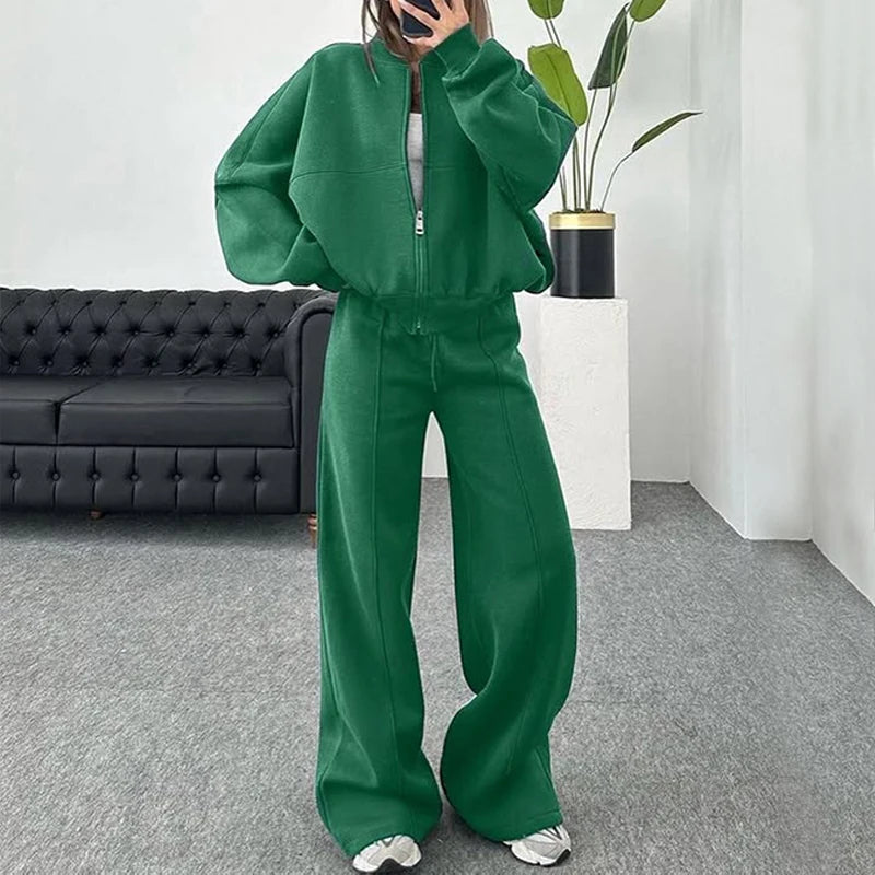 Set Di Tute Da Donna Casual Cardigan Corto Allentato Con Cerniera E Pantaloni Sportivi Con Coulisse Streetwear
