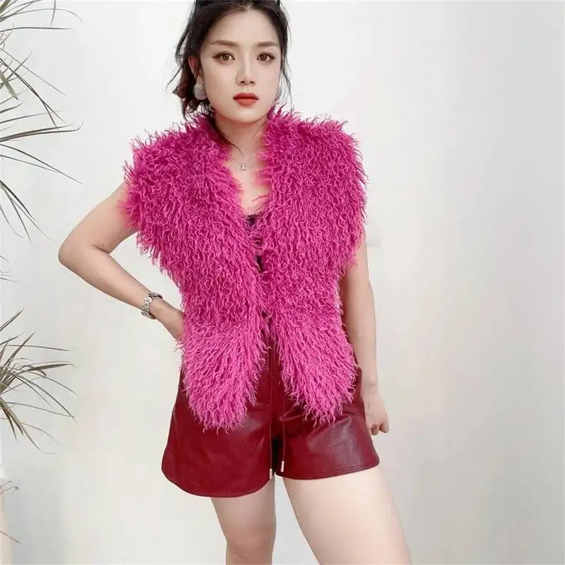 Lanmrem 2025 Gilet Pelliccia Sintetica Donna Imitazione Shearling Chic Autunno Inverno Abbigliamento 2DB4916