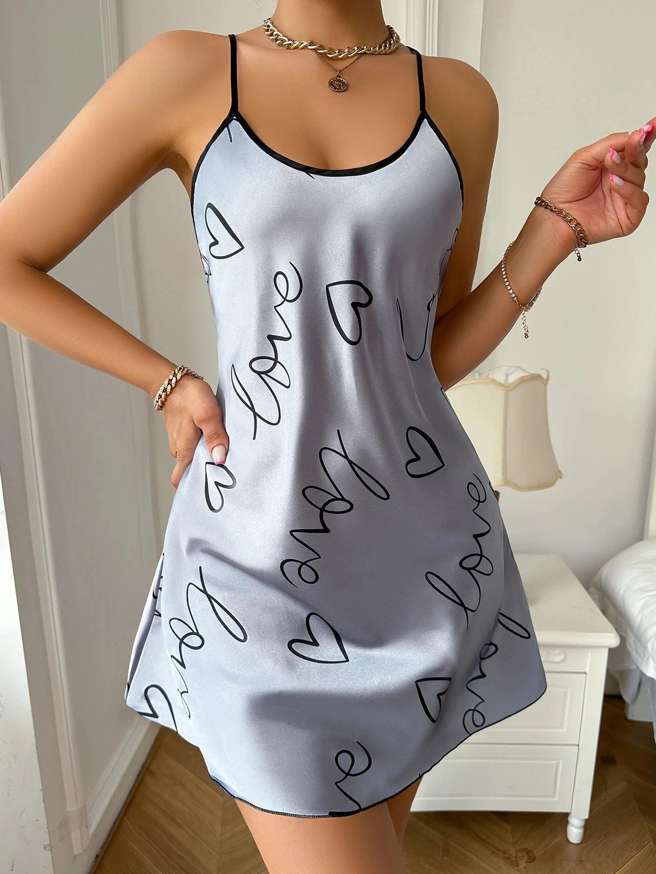 Slip Dress In Seta Ghiaccio Collo A U Da Donna Pigiama Sottile Traspirante Stampa Senza Schiena