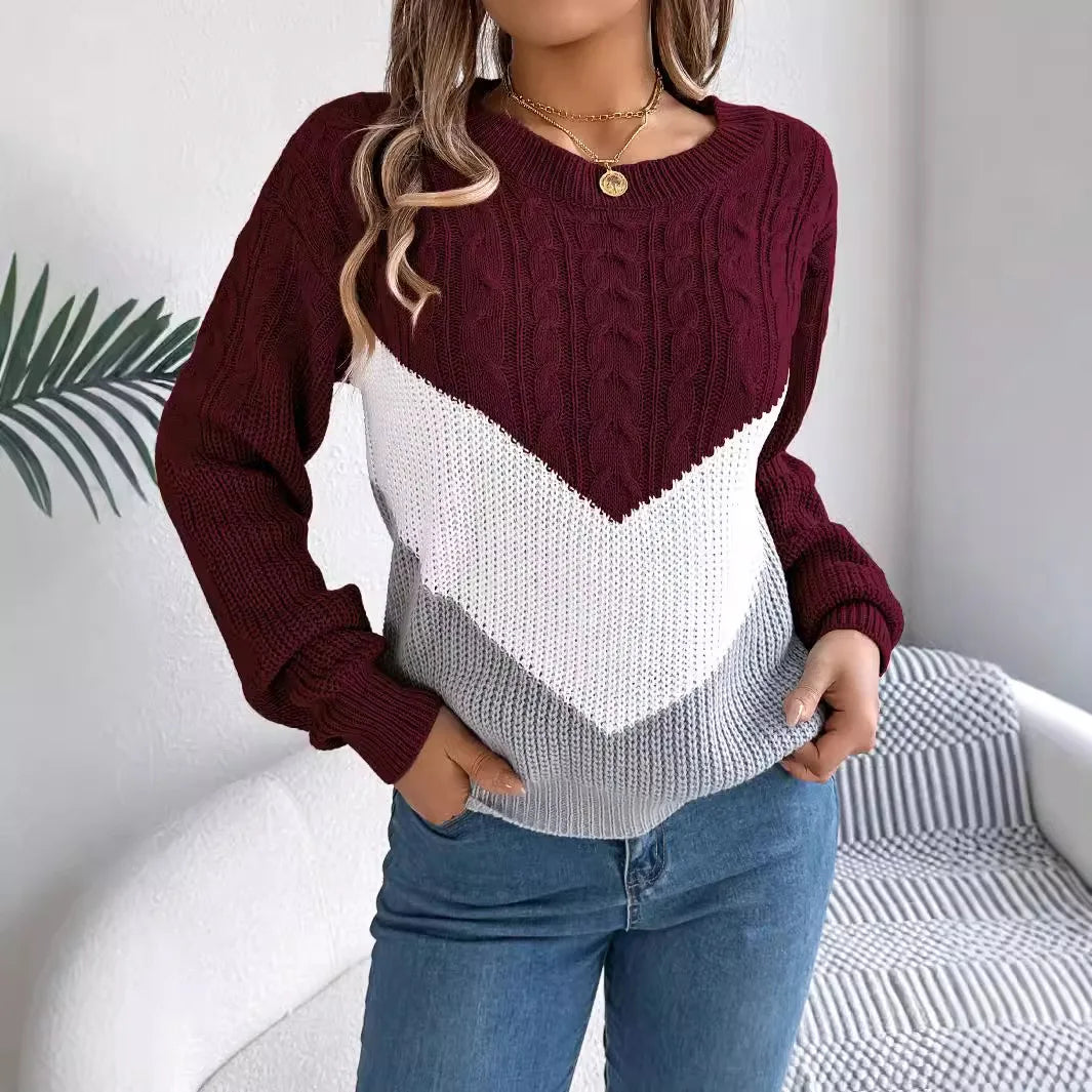 Pullover Lavorato A Maglia Autunno Inverno Color Block Manica Lanterna Collo A O Jersey Donna Elegante