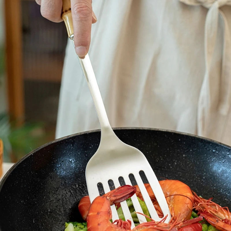 Pala Frittura In Acciaio Inossidabile Con Manico In Bambù Naturale E Cucchiaio Zuppa Giapponese Set Utensili Cucina