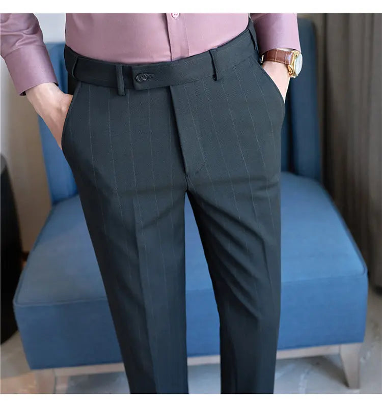 Pantaloni Da Abito Inverno In Lana Spessa Con Vita Elastica Gessati E Tinta Unita Per Uomo
