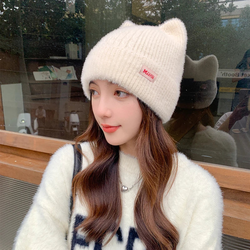 Cappello Invernale Femminile con Orecchie da Gatto Pelliccia Sintetica Lavorato a Maglia Stile Kpop Morbido Berretto