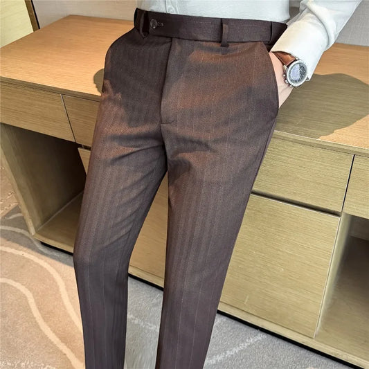 Pantaloni Da Abito Inverno In Lana Spessa Con Vita Elastica Gessati E Tinta Unita Per Uomo