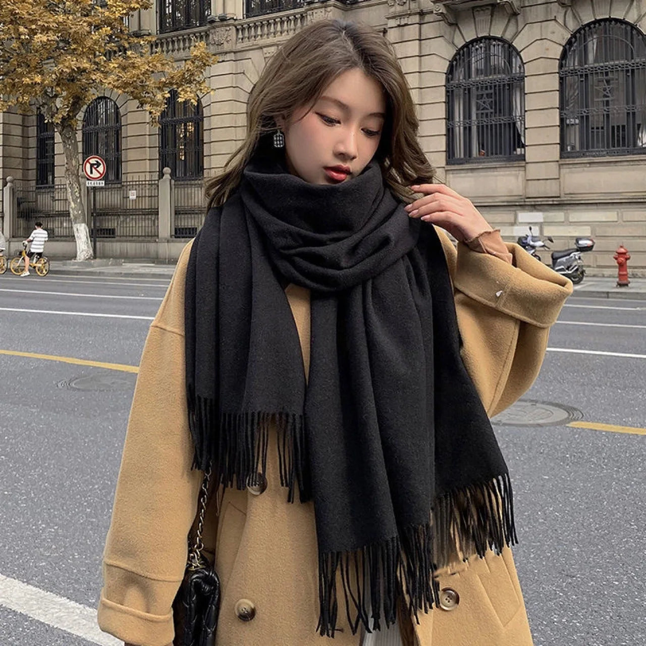 Sciarpa Nera In Lana E Cashmere Donna Calda E Morbida A Quadretti Inverno Autunno Dalla Forma Classica XWJ07