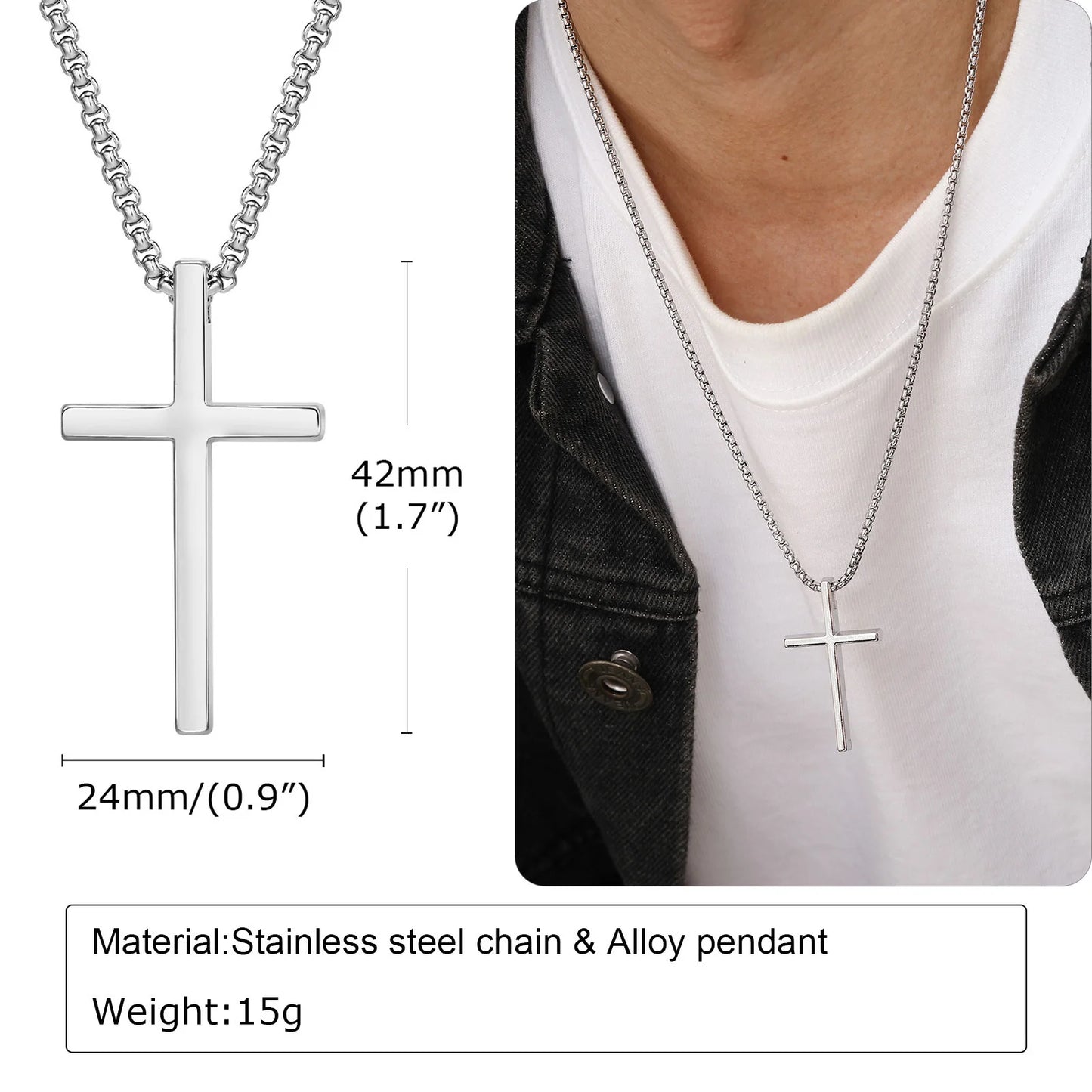 Collana Con Croce Vnox In Acciaio Inossidabile Catena A Scatola Argento Nero Per Uomo E Donna Lunghezza 55 Cm O 60 Cm