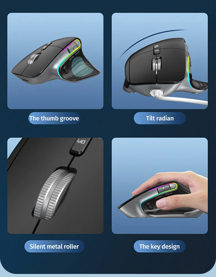 Mouse Wireless Multi Dispositivo Bluetooth 5.0 e 3.0 2.4G Ottico Portatile Ergonomico Per Computer Mano Destra