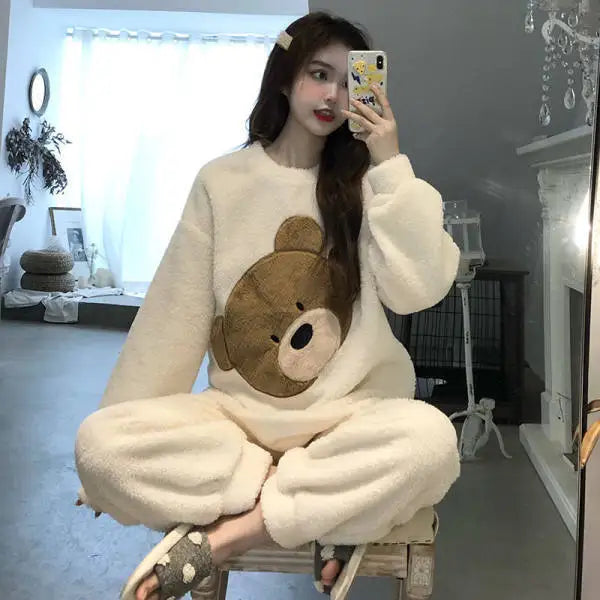 Pigiama Invernale Da Donna Caldo In Pile Set Morbido Con Top Solido E Pantaloni Scozzesi Abito Da Casa