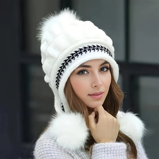 Cappello Invernale Morbido e Caldo con Pelliccia per Donne Berretto con Paraorecchie Foderato in Pile Lavorato a Maglia