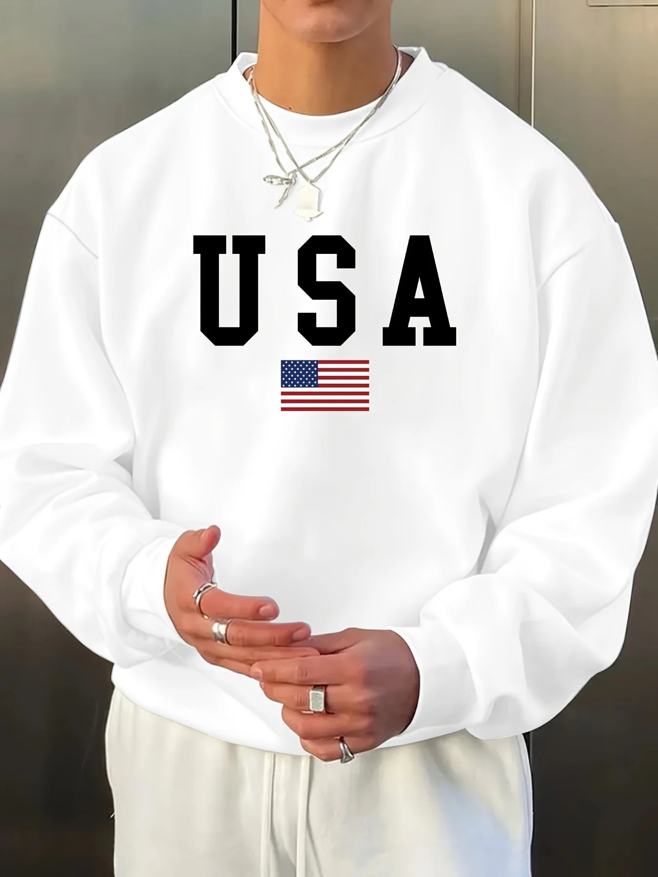 Felpa Uomo Autunno Inverno Casual Allentata Stampa Bandiera Americana USA Girocollo Maniche Lunghe
