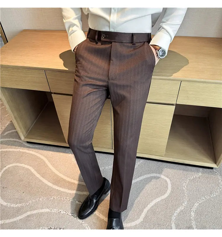 Pantaloni Da Abito Inverno In Lana Spessa Con Vita Elastica Gessati E Tinta Unita Per Uomo