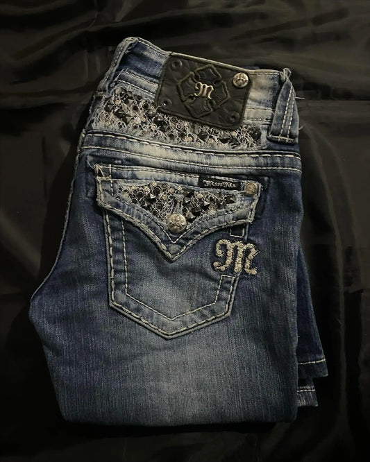 Jeans Vintage Streetwear Y2K Da Donna Tasca Con Paillettes Blu Lavato Pantaloni Larghi Vita Media