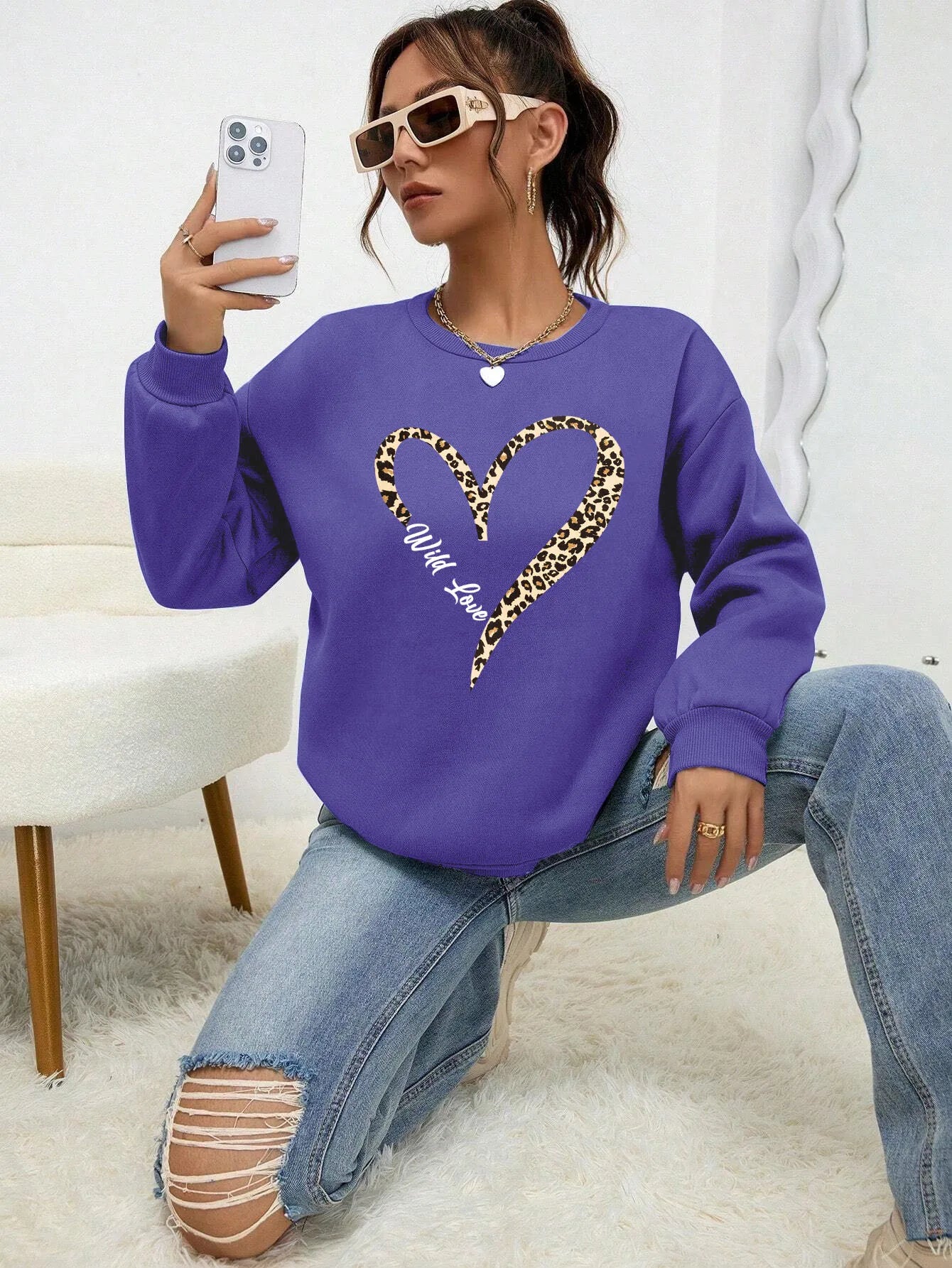 Felpa Da Donna Con Stampa Cuore Leopardato Selvaggio Fodera In Pelliccia Girocollo All Match Abbigliamento Hipster