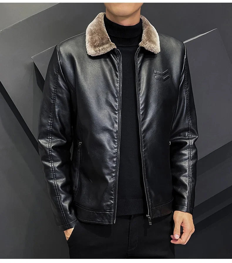 Giacca In Pelle Ispessita Da Uomo Invernale Con Cerniera E Bavero Design Taglie Forti Bomber