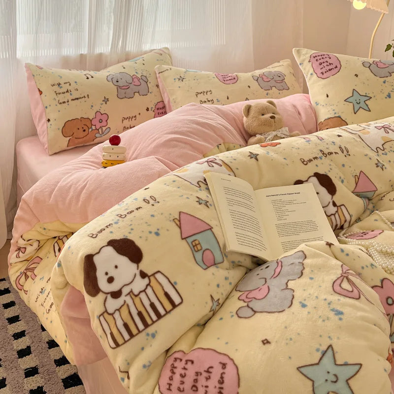 Set Biancheria Da Letto 4 Pezzi In Pile Latte Stampato Invernale Duvet Copripiumino Stile Semplice Accogliente GSM 130