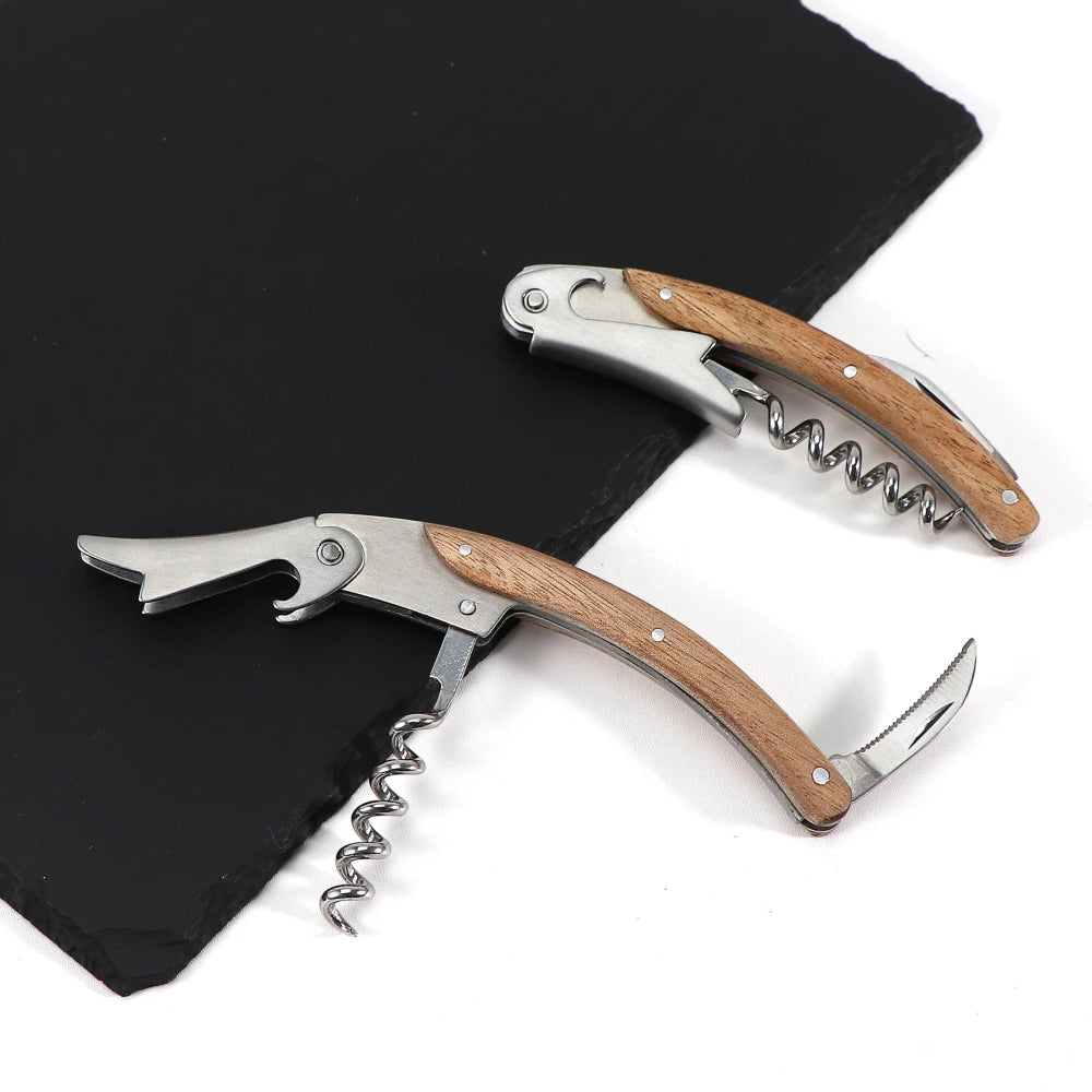 Set Apribottiglie in Legno Naturale 1 2 o 4 Pezzi Cavatappi Micro Serrato con Coltello Affilato per Vino e Birra