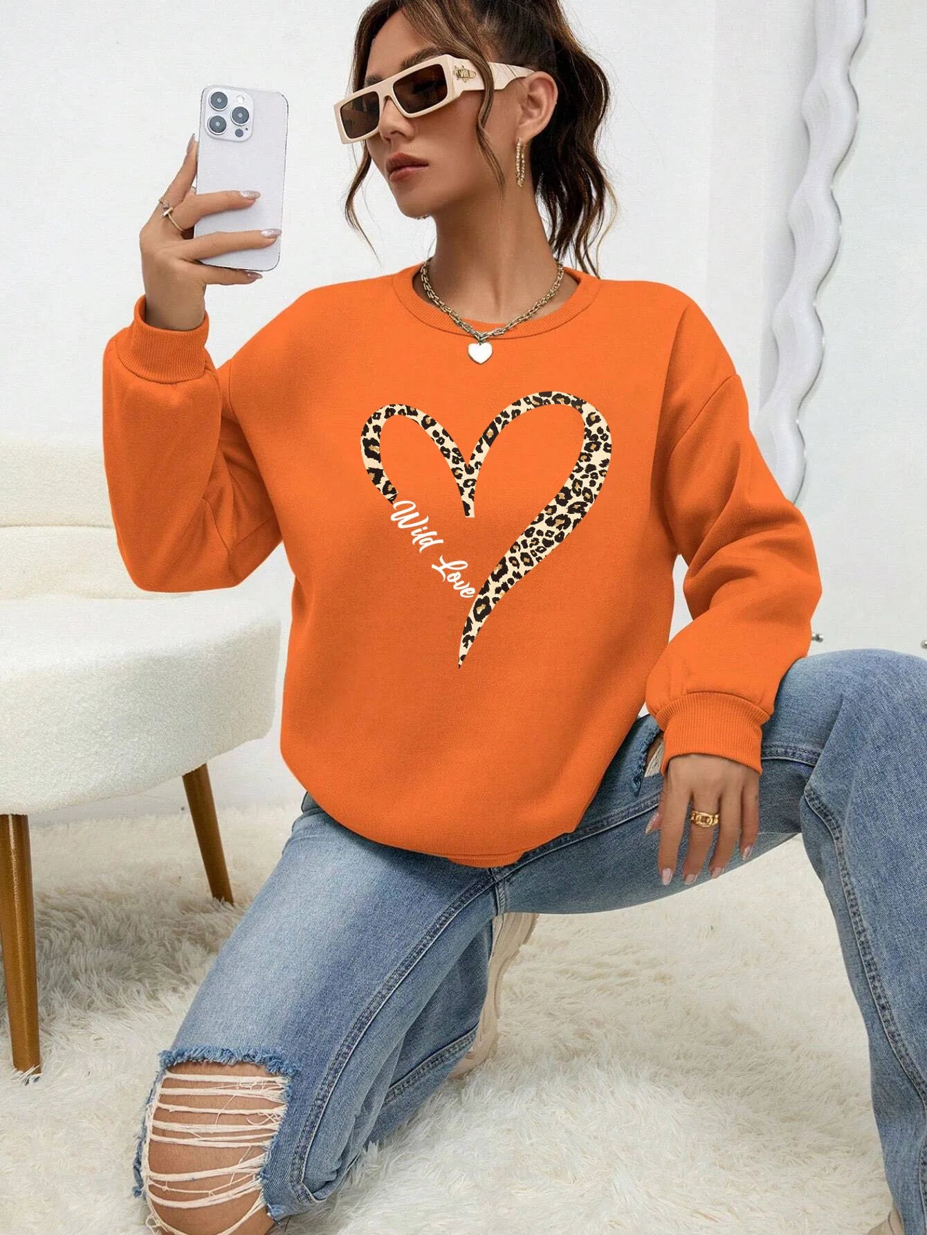 Felpa Da Donna Con Stampa Cuore Leopardato Selvaggio Fodera In Pelliccia Girocollo All Match Abbigliamento Hipster