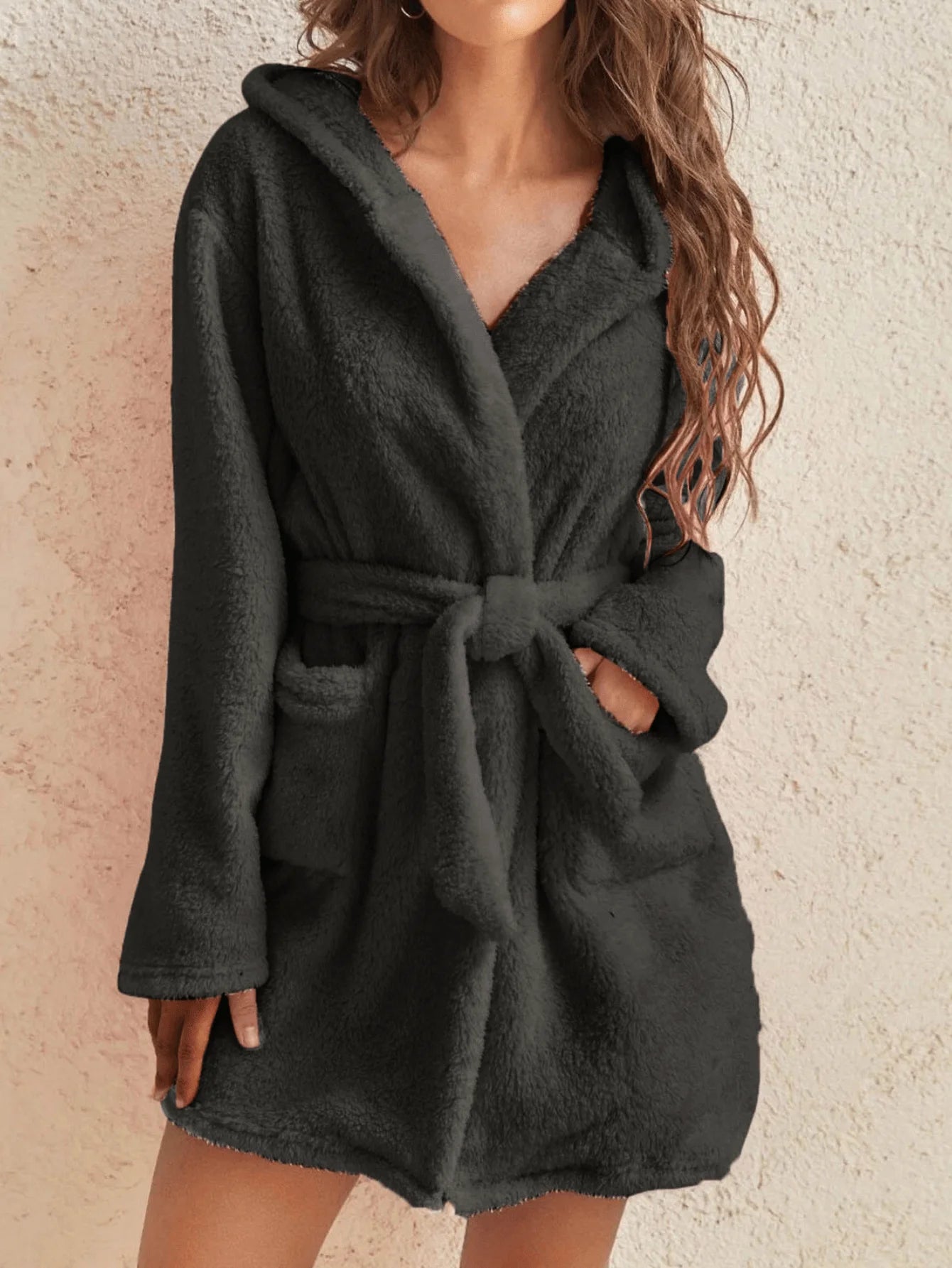 Vestaglia Da Donna Con Cappuccio Tinta Unita Con Cintura Calda E Morbida Per Casa Autunno Inverno