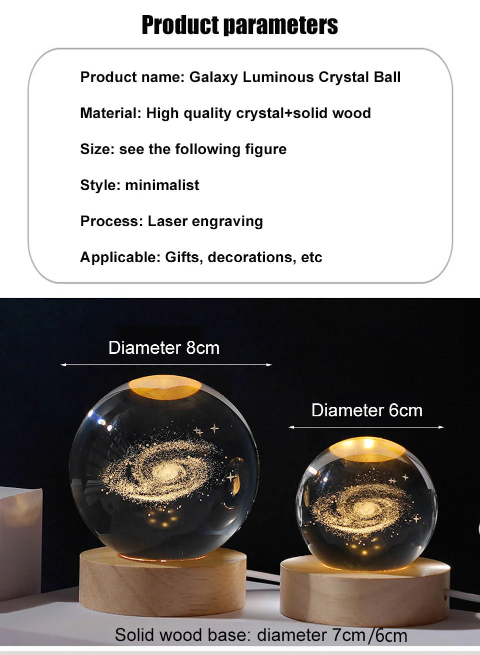Sfera di Cristallo 3D Decorazione Sistema Solare Pianeti Luna LED Astronauta 6 e 8 cm Globo di Neve Vetro