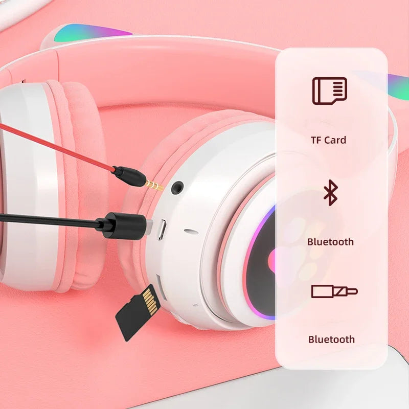 Lampada Cuffie Orecchie Di Gatto Bluetooth 5 0 Stereo Microfono Slot TF Auricolare Wireless Ragazze Bambini Regalo