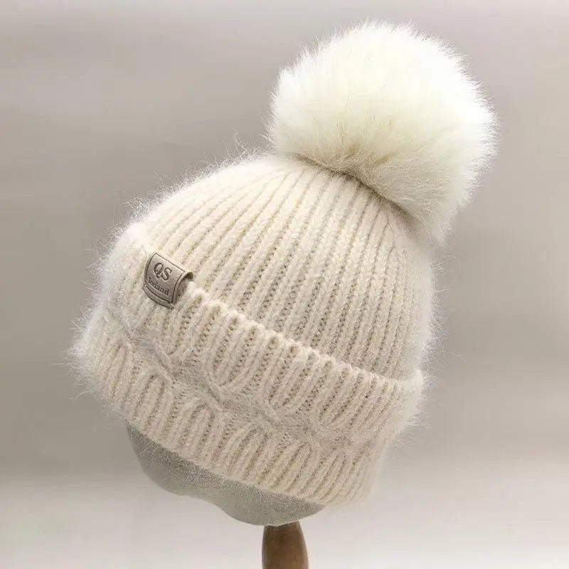 Cappello Lavorato A Maglia Con Pelliccia Sintetica Di Coniglio Bianco E Pompon In Pelliccia Neve Per Donna All Aperto