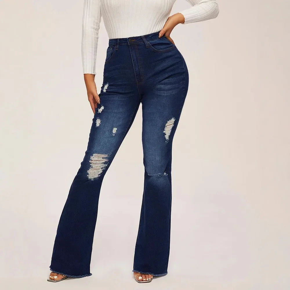 Jeans Zampa Elefante Vita Alta Da Donna Con Strappi Pantaloni Lunghi Super Elastici Design Lavato Origine Cinese