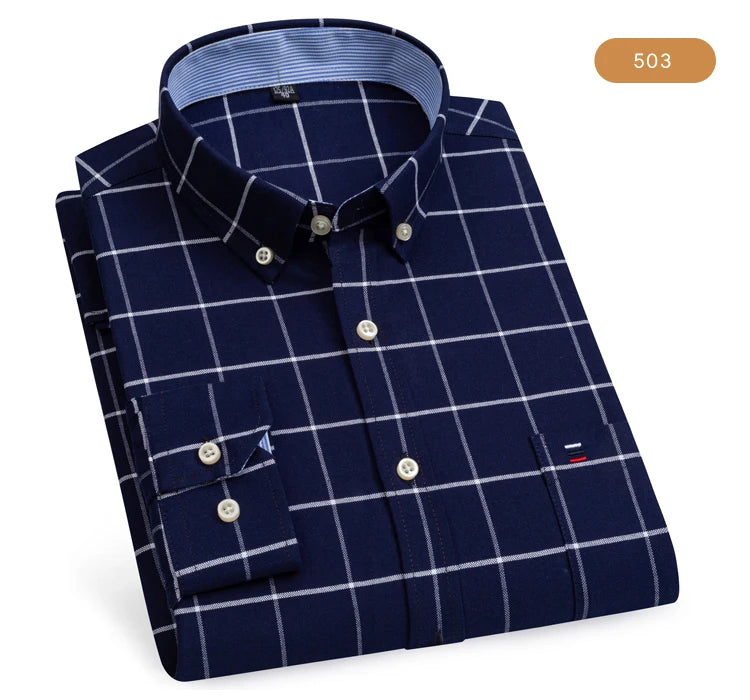 Camicia Da Uomo Oxford Abbottonata Maniche Lunghe In Cotone Al 100 Percento Con Tasca A Quadri Piccoli Stile Casual