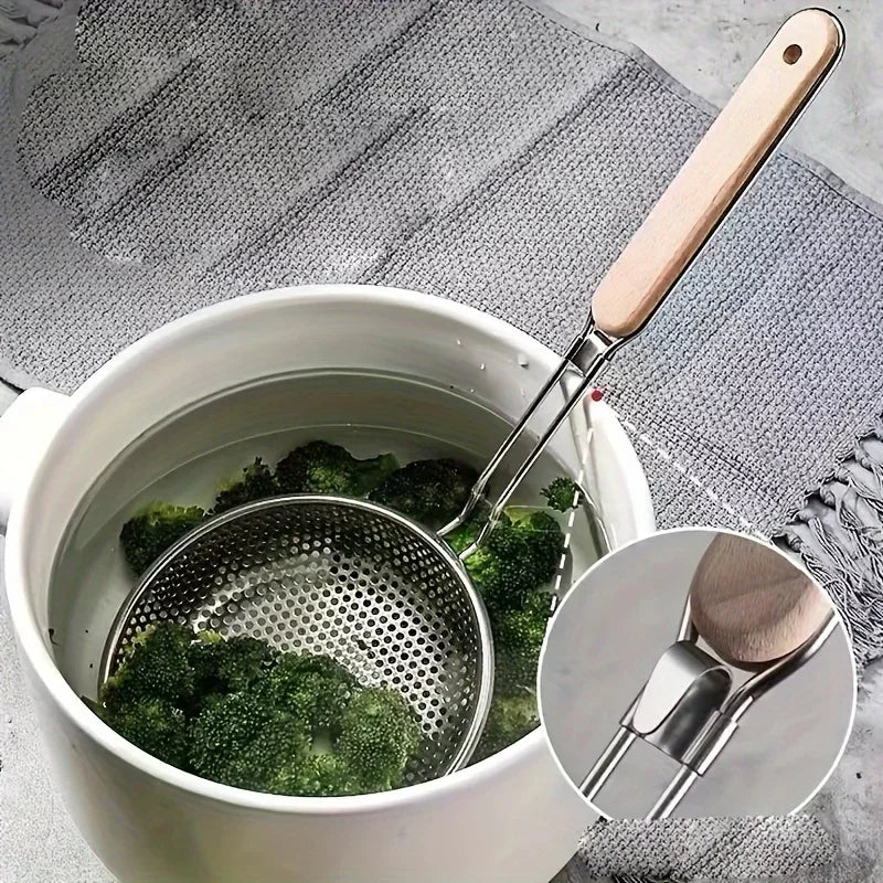 Schiumarola In Acciaio Inossidabile Con Manico In Legno Portatile Per Cibo Fritto Filtraggio Colino Cucina