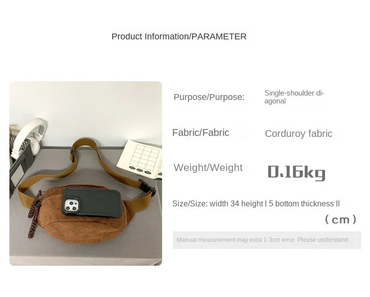 Marsupio Da Donna In Velluto A Coste Grande Capacità Borsa Da Petto Stile Street Tracolla E Cintura Casuale