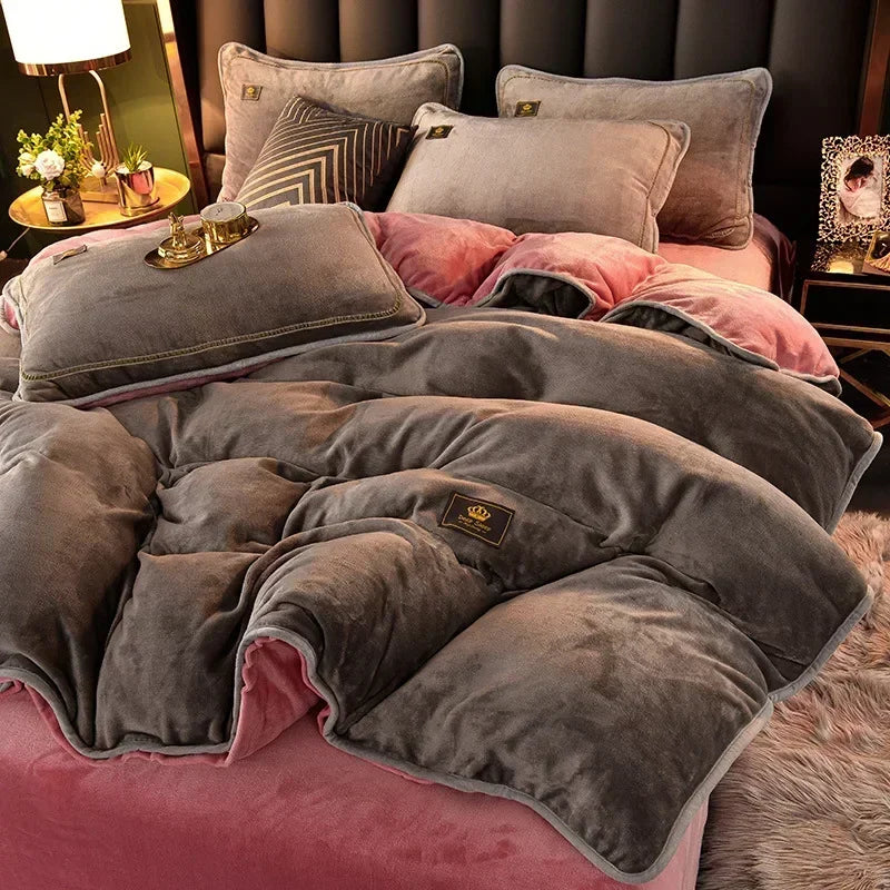 Set Di Biancheria Da Letto In Pile Di Latte Ultra Spesso Queen Size Copripiumino Invernale Caldo Di Fascia Alta