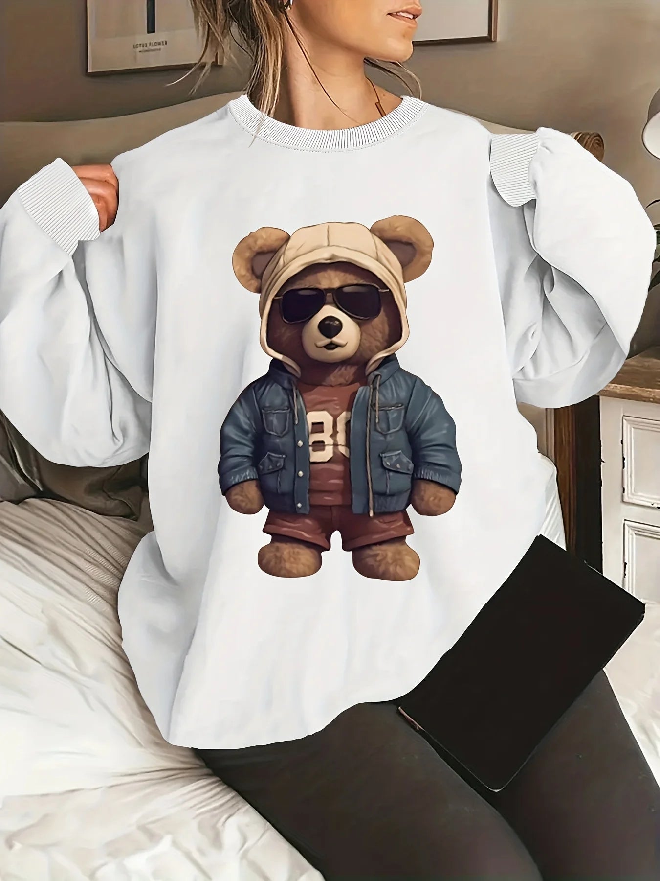 Pullover da Donna Autunno Inverno Casual Ampio con Motivo Gatto Caldo Stampato Girocollo a Maniche Lunghe