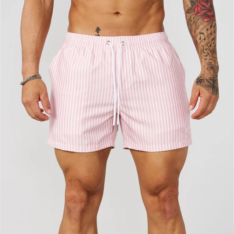 Pantaloncini Da Surf Uomo A Strisce Semplice Linea Sottile Con Coulisse Ad Asciugatura Rapida Spiaggia Estiva