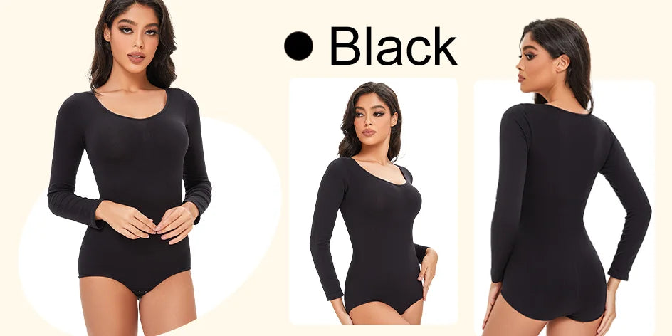 Pokarla Body Suit Spandex Elastico Shapewear Donna Controllo Pancia Manica Lunga Cavallo Aperto Girocollo Shaper