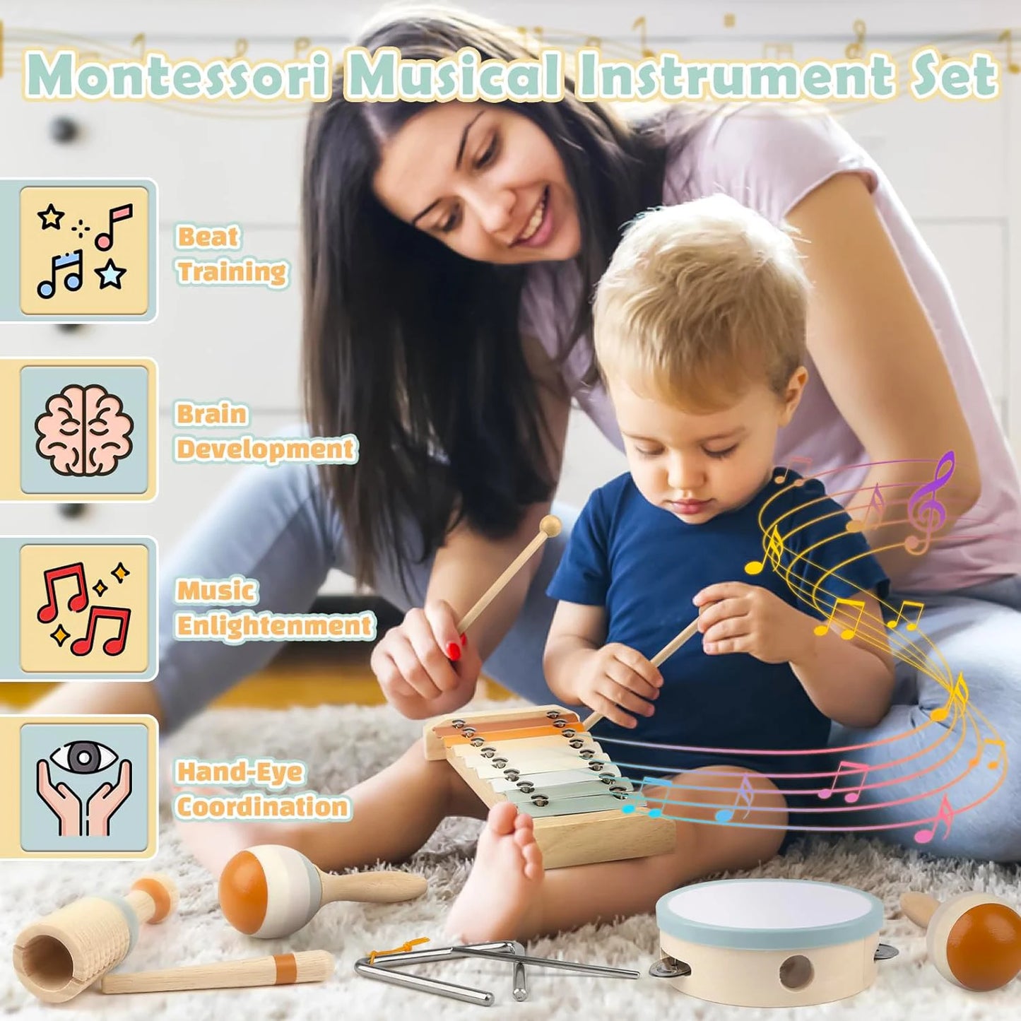 Set Strumenti Musicali Per Bambini In Legno Montessori Xilofono E Tamburo Regalo Educativo Per Età Prescolare 3 6 Anni