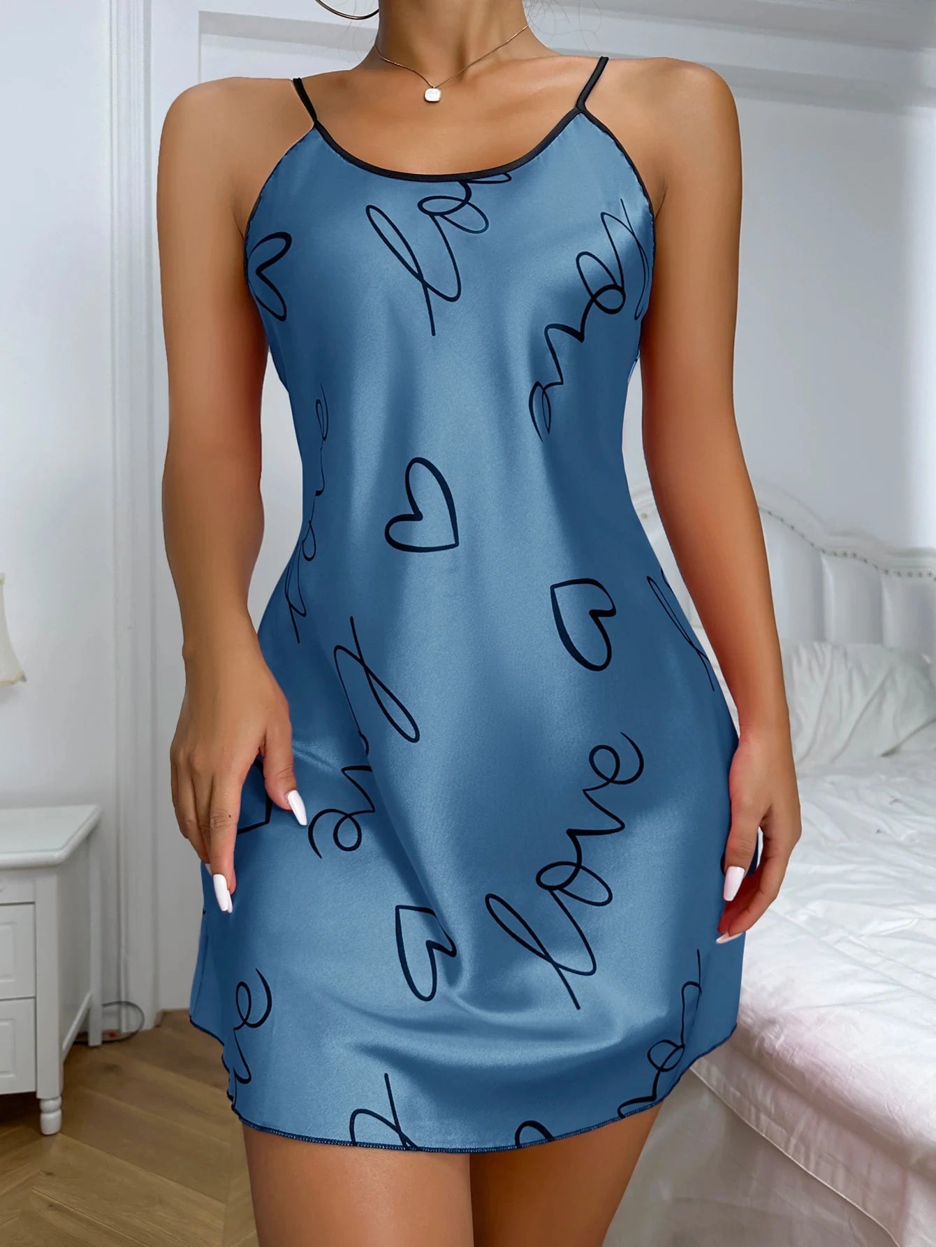 Slip Dress In Seta Ghiaccio Collo A U Da Donna Pigiama Sottile Traspirante Stampa Senza Schiena