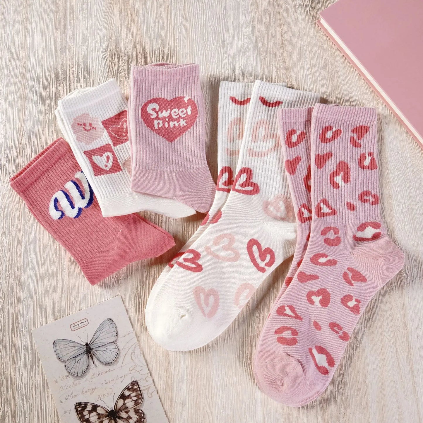 5 Paia Calzini Da Donna In Cotone Set Autunno Primavera Inverno Kawaii Harajuku Rosa Bianco Love Print