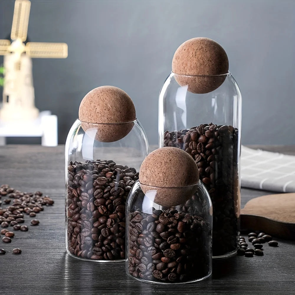 Set Barattoli In Vetro Per Cucina Tre Pezzi Con Coperchio Ermetico In Legno E Sfera Di Sughero Capacità 0,5 1 L Ecologici Decorativi