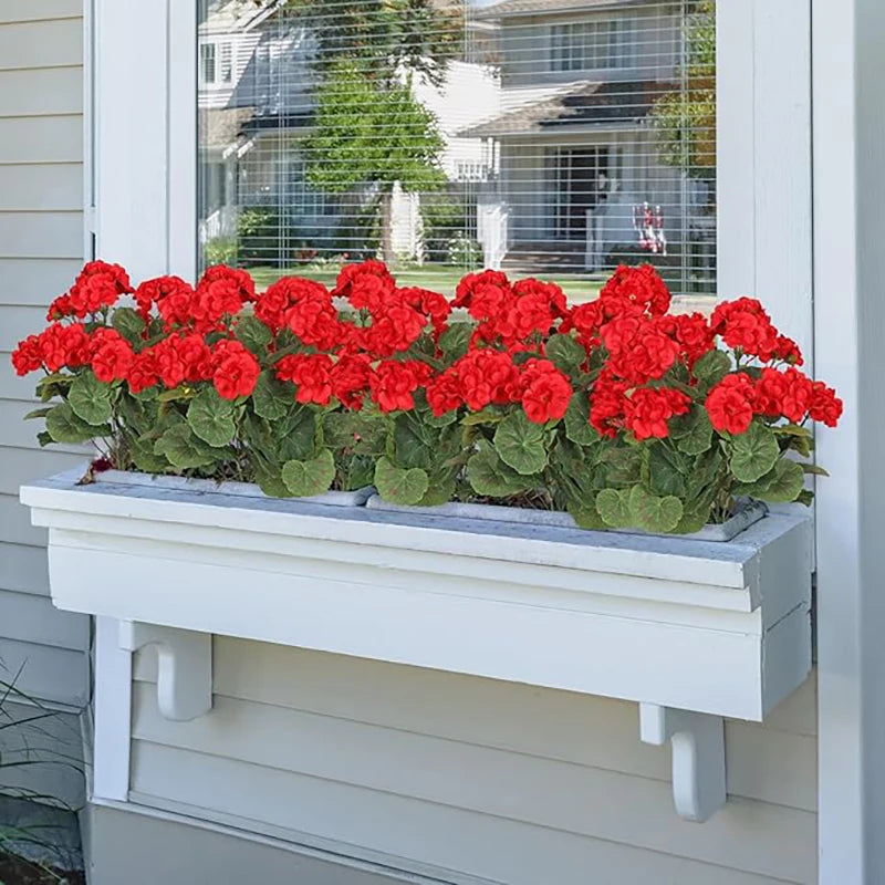 Geraniumi Artificiali 14 Pollici Fiori Rossi Bouquet di Seta Cespugli per Fioriere Portico Patio Casa Decorazione