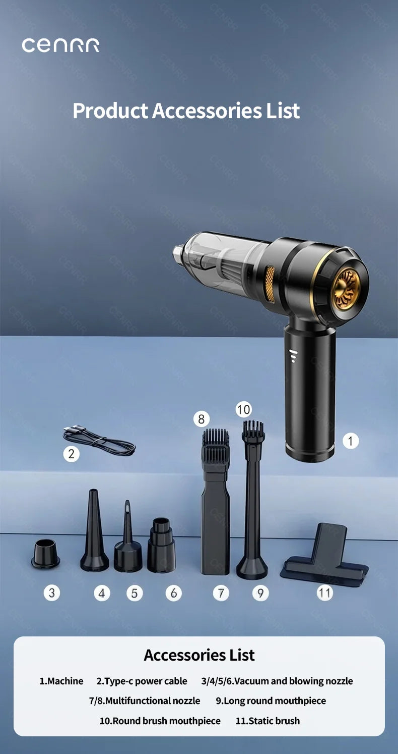 Cenrr 998000 Aspirapolvere Per Auto Senza Fili Potente Portatile Con Accessori Auto E Pulitore Universale