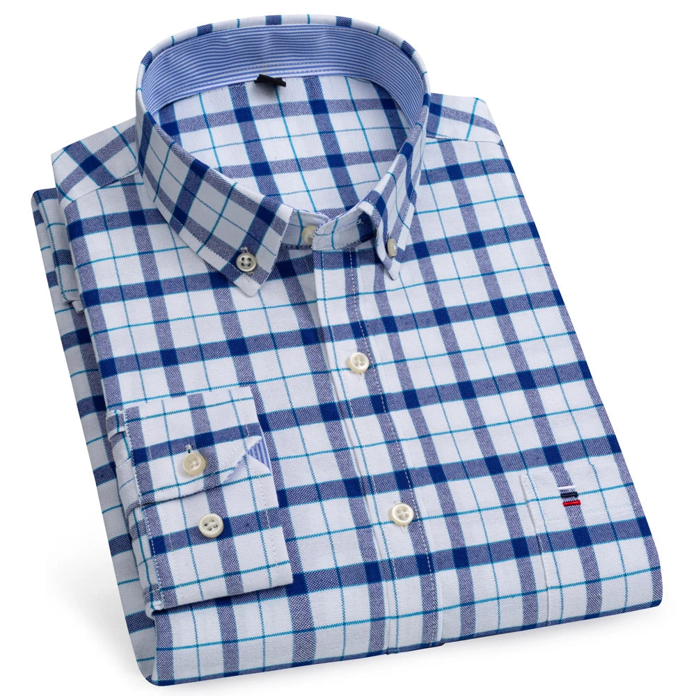 Camicia Da Uomo Oxford Abbottonata Maniche Lunghe In Cotone Al 100 Percento Con Tasca A Quadri Piccoli Stile Casual