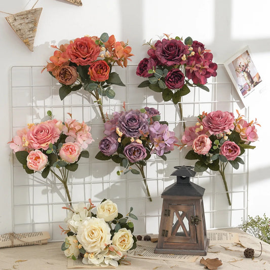 Bouquet Di Fiori Artificiali In Seta Rose Ortensia Peonia Vintage Per Nozze Decorazioni Per La Casa
